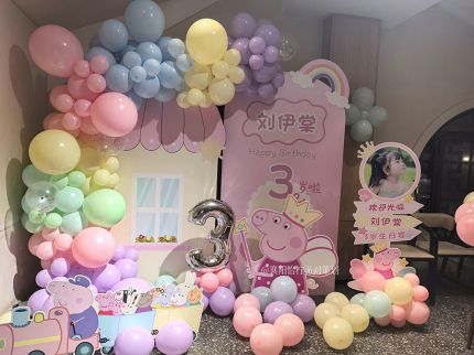 马卡龙色系小猪佩奇主题宝宝百日宴周岁生日派对迎宾背景