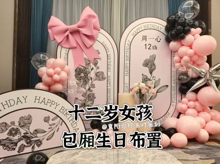 包厢小香风女生粉黑生日派对场景布置
